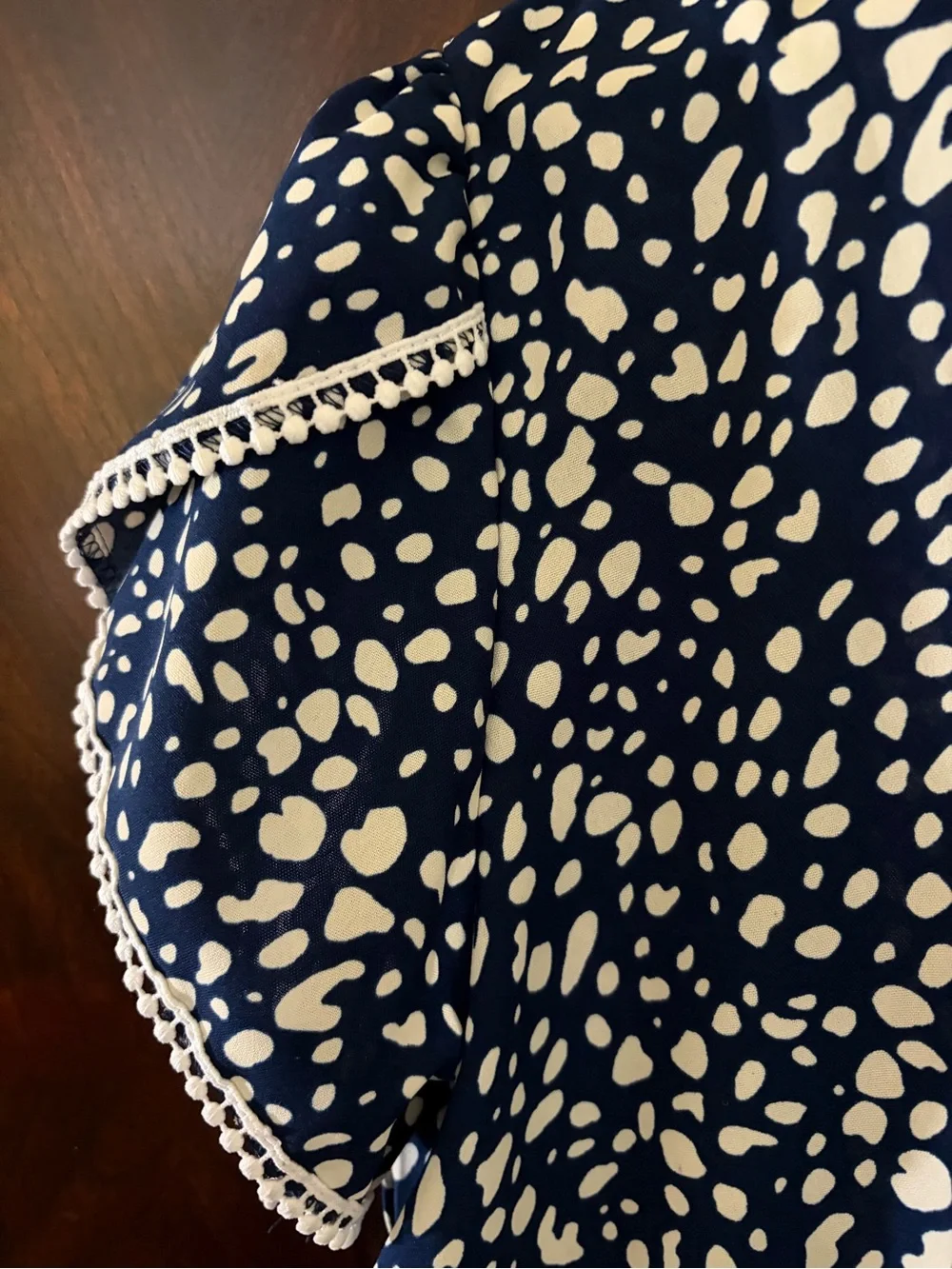 Navy and White Dotted Flutter Sleeve Blouse